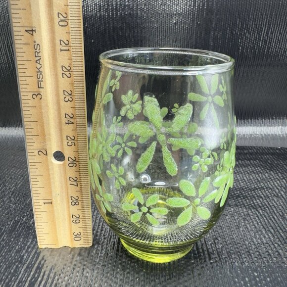 Libbey Green Lowball Glasses With Embossed Floral Design Cups Set 4 Cups 3.5inch - Picture 3 of 10